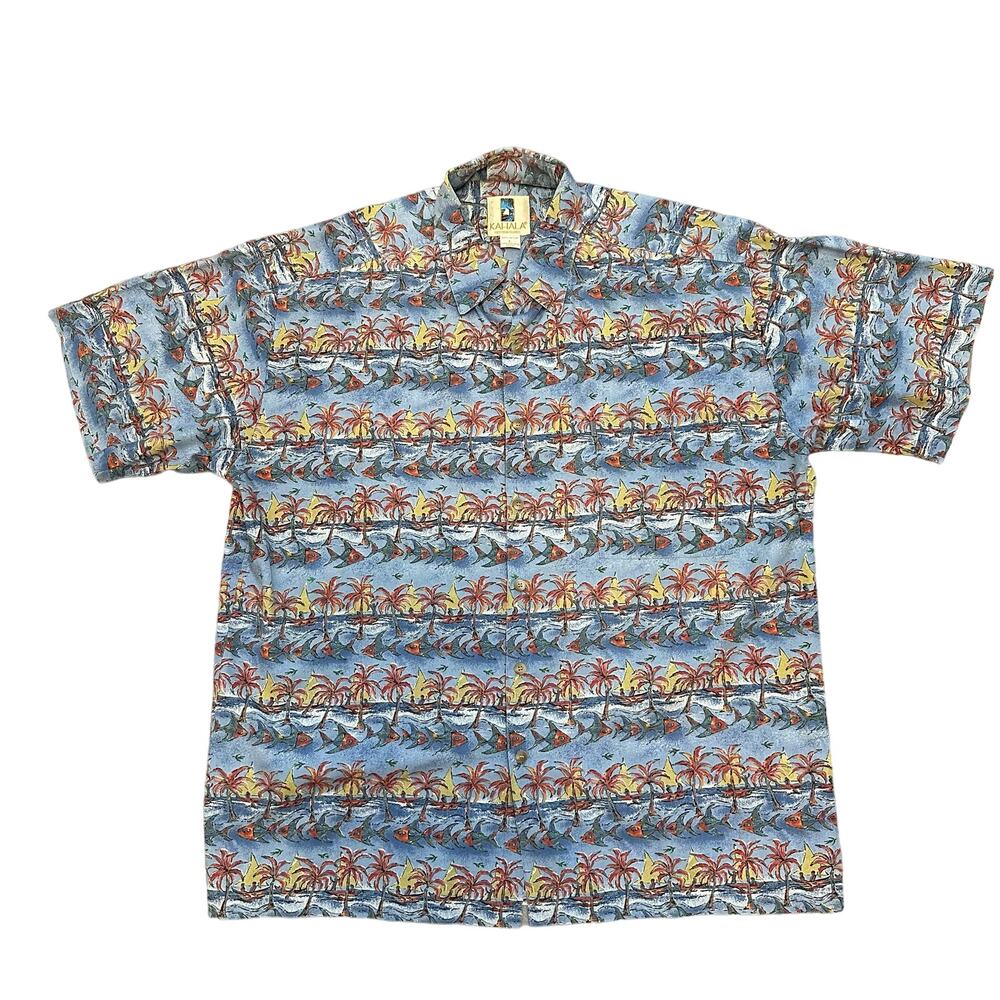 Vintage Kahala Hawaiian Shirt Handcrafted Palmes &Fish Pattern Size Large